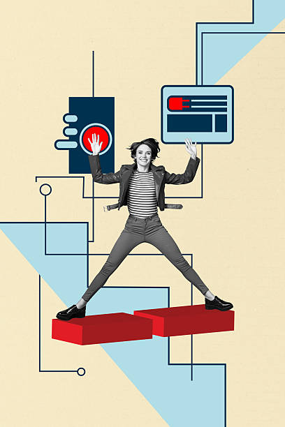 istock Composite trend artwork sketch image 3D photo collage of interface webpage cyberspace icon young lady stand platform hands up smile face 2227834431
