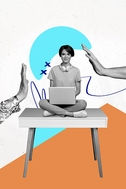 istock Vertical poster collage young woman sitting table palms hands high five greeting gesture freelancer remote worker drawing background 2227834457
