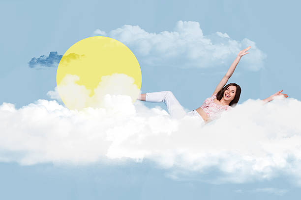 Creative collage image young cheerful positive girl lying sky clouds environment sun laughter carefree mood drawing background.