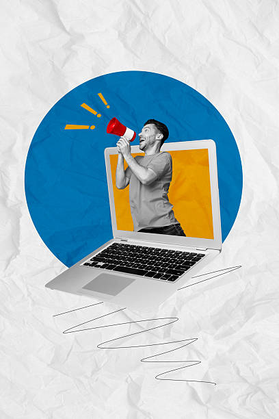 istock Creative artwork collage of young guy recruiter headhunter searching more candidates using megaphone in internet isolated over white background 2227835455