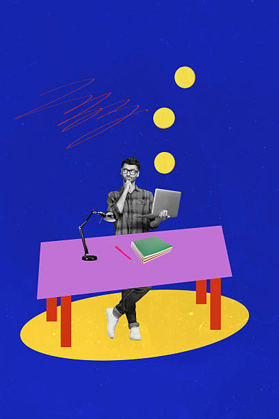 istock Trend artwork composite image collage of business workspace trader banker young man sit table hold laptop earn coins money dollar salary 2227835508
