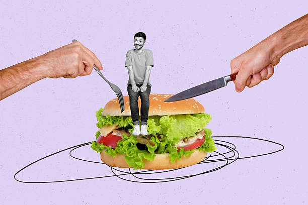 Creative collage young man sit cheerful smile burger sandwich kitchen knife for dish restaurant oder menu lunch lettuce bread ingredients