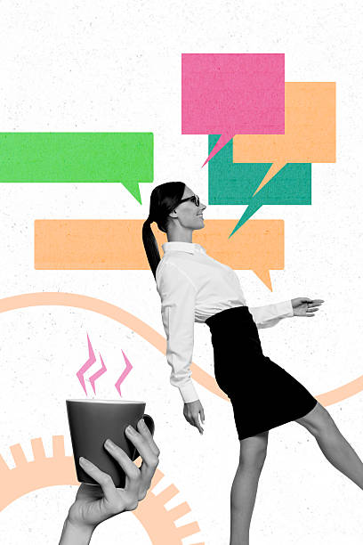 istock Composite trend artwork sketch image 3D collage of cogwheel organization young lady walk hand hold coffee cup rest speech cloud chatting 2227835933
