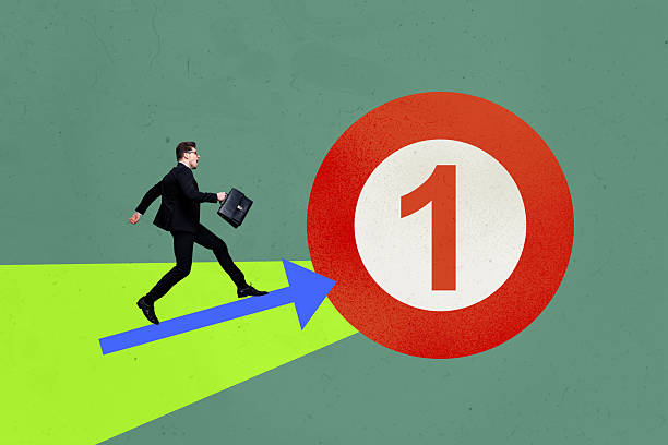 istock Creative collage picture young businessman walk go step leadership progress achieve goal first place number one best inspiration 2227836605