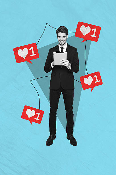 istock Composite artwork collage of workspace blue color backdrop young man hold tablet blog banner heart like reaction share repost influencer 2227836621