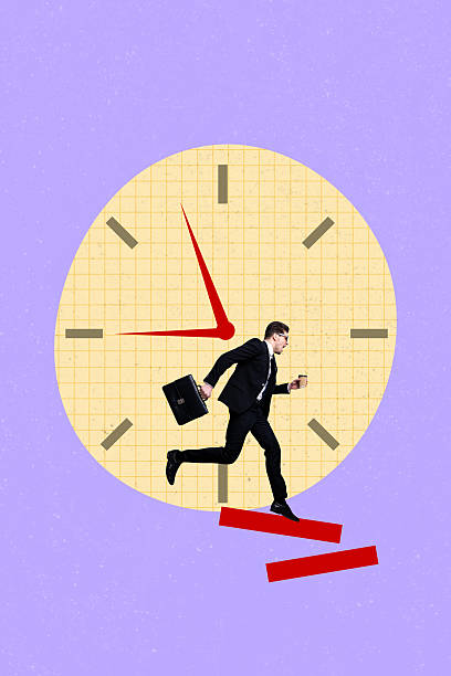 istock Vertical collage young businessman diplomat suitcase time management clock deadline hour minute schedule rush miss drawing background 2227836635