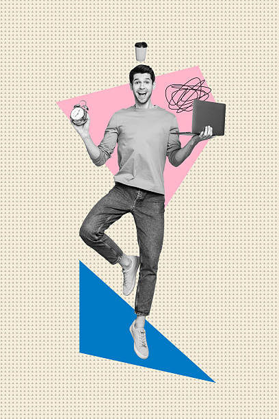 istock Composite trend artwork 3D sketch image photo collage of human resources workspace young man keep balance hold laptop time clock cup rest 2227836758