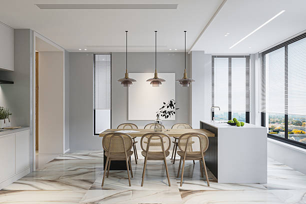 istock Dining & Kitchen Nook-Modern Design with Pendant Lights and Marble Floors. 2227842312