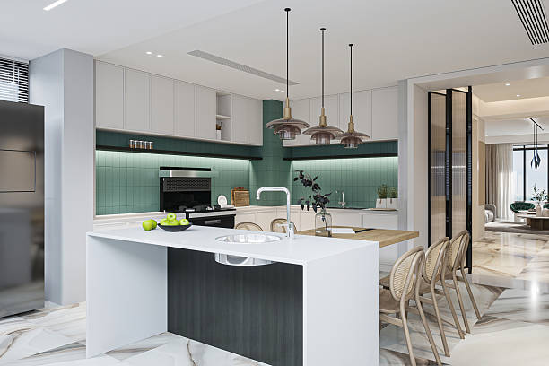 istock Dining Area and Kitchen-Modern Design with Teal Backsplash & Island Seating. 2227842336