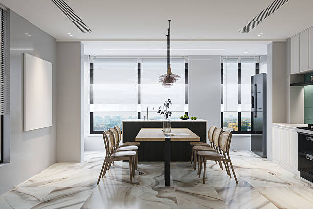 istock Dining and Kitchen Area with Modern Design, Marble Floors, and City Views. 2227842341