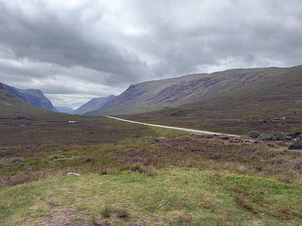 The A82 road, passing between the mountains of Glencoe with heather covered moorland in the valley and a moody cloudy sky on a summer's day