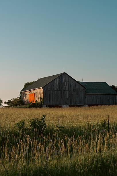istock Old Barn with Orange Door at Sunset 2227844578