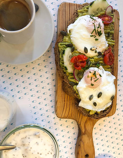 istock Avocado toast with poached eggs and coffee on outdoor cafe table 2227846006