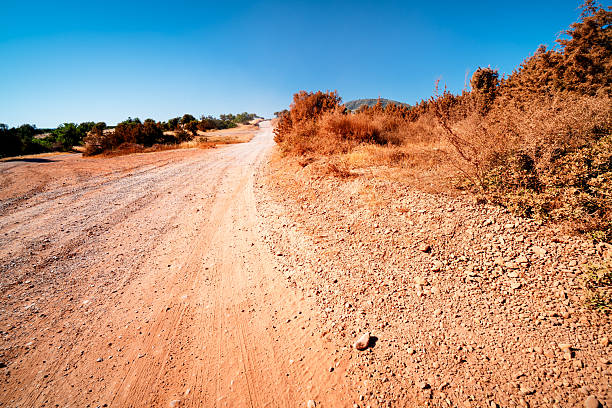 Dirt road on Akamas Peninsula on hot day. The road leads to the famous Lara Beach, Paphos, Cyprus. Wild area with a dry climate.