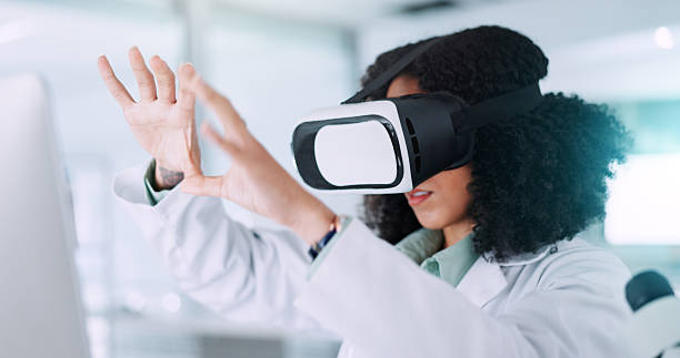 istock Woman, scientist and simulation with VR for futuristic development or virtual planning at laboratory. Female person, science or medical research with technology for 3D, UX or scientific testing 2227846327