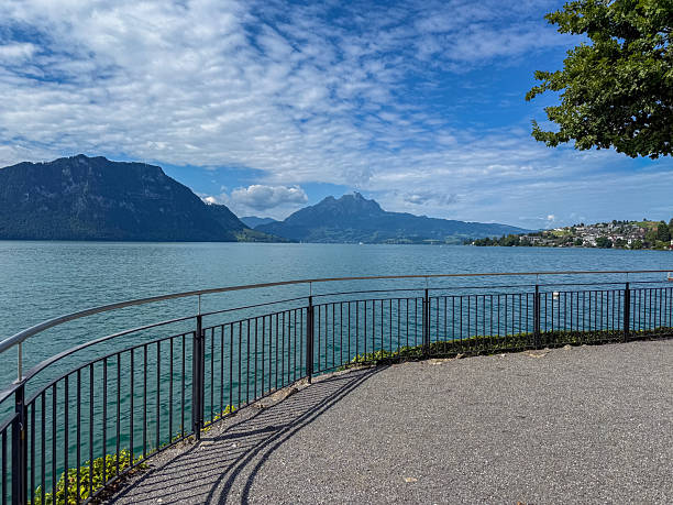 Scenic lakeside with metal railing overlooking calm water and distant mountains under a partly cloudy blue sky. Peaceful outdoor setting with paved walkway and tree branch. Nature and travel background.