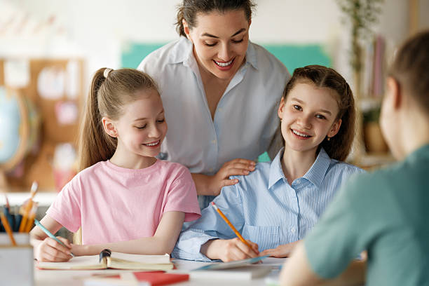 istock Happy kids and teacher at school 2227847801