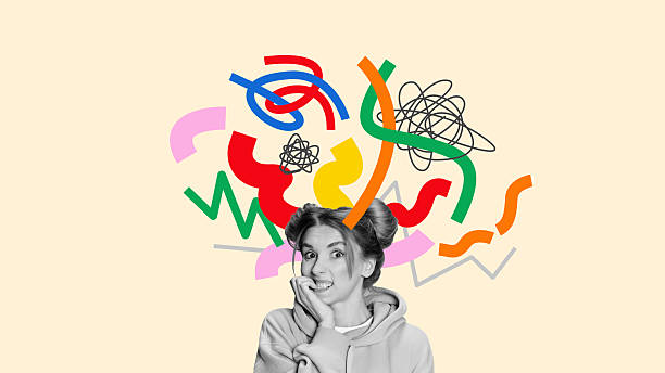 istock Dynamic conceptual artwork of anxious girl with colorful visual chaos above head 2227851232