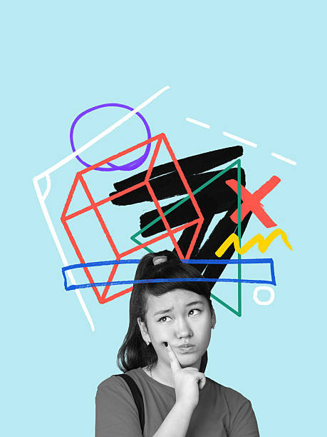 Creative artwork of thoughtful student with abstract geometric confusion above head. Concept of cognitive tension, problem solving, focus struggle and learning difficulty in educational context.