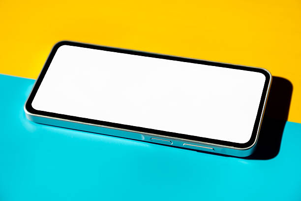Blank white screen smart phone mockup, template on red background