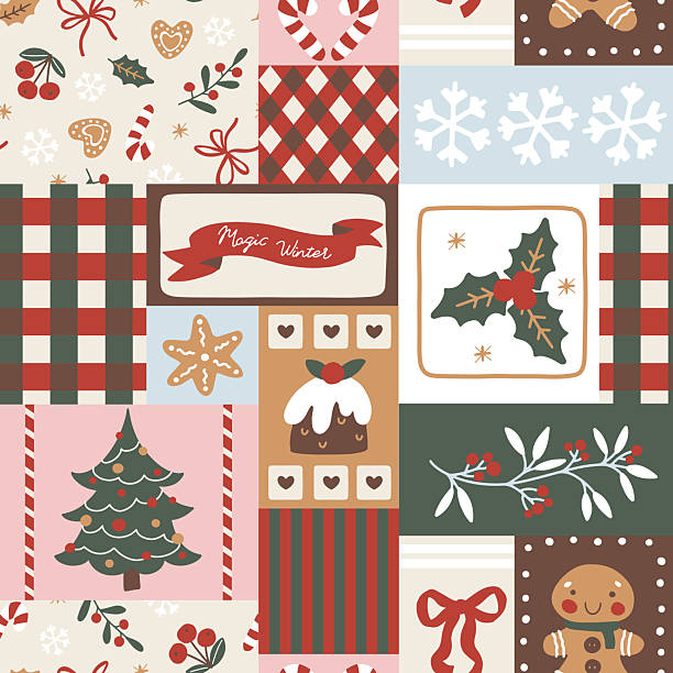 Patchwork hand-drawn cartoon seamless vector Christmas pattern in classic tones. Delicate doodles and festive elements, it creates a refined for gift wrapping, festive design, textiles