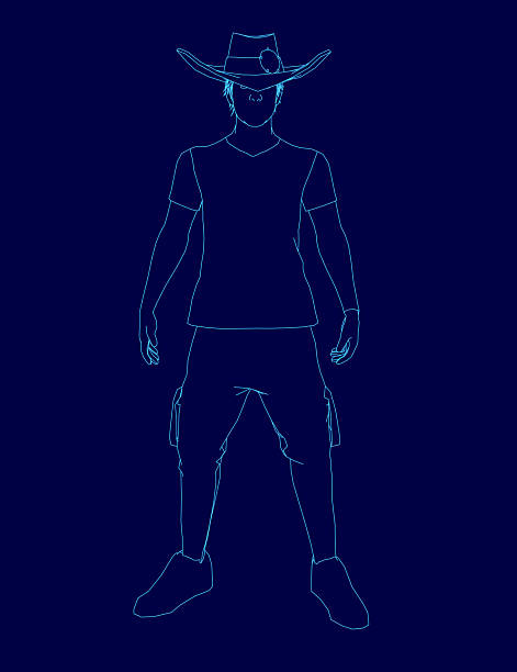 istock A rugged man in a cowboy hat stands confidently against a solid blue background. He wears a long-sleeved shirt, jeans, and a wide-brimmed hat with his hands casually tucked in his pockets. 2227858504
