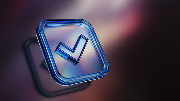 Blue illuminated 3D checkmark in a clear square, symbolizing approval or agreement, on a colorful blurred background.