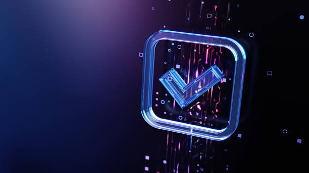 istock Holographic 3D Checkmark Icon with Digital Effects on Dark Background 2227859327