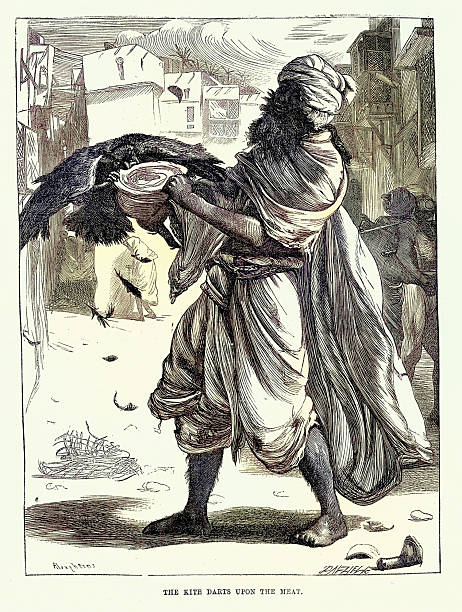 Cogia Hassan, The kite darts upon the meat, One Thousand and One Nights, Arabian Nights, Middle Eastern folktales, by The Brothers Dalziel. Vintage illustration