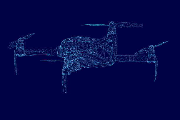 istock A blue drone with a sleek aerodynamic design hovers against a dark blue background. The quadcopter features four rotors, a long tail, and a front-mounted camera for aerial photography. 2227862812