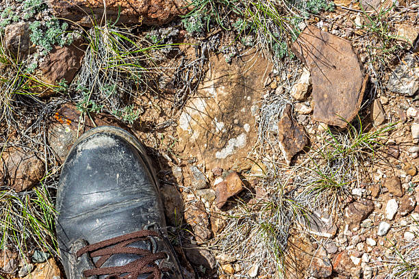 Boots of a hiker stepping on fallen leaves in a forest, highlighting the earthy colors and natural scene. Captures the essence of outdoor exploration and a connection with nature.