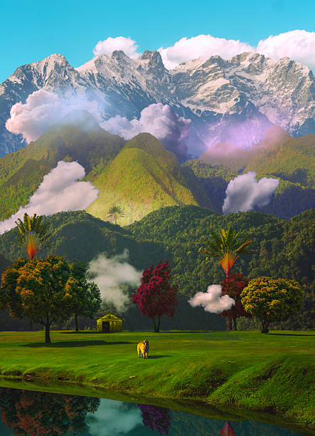 Beautiful surreal magic landscape with dog and river