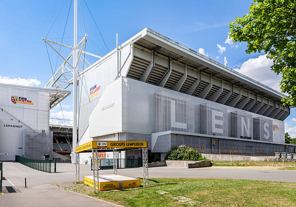Lens, France - May 11, 2025: West view of the Delacourt and Lepagnot grandstands of the Bollaert-Delelis stadium, home ground of the Racing Cub de Lens football club, with a capacity of 38 000 seats.