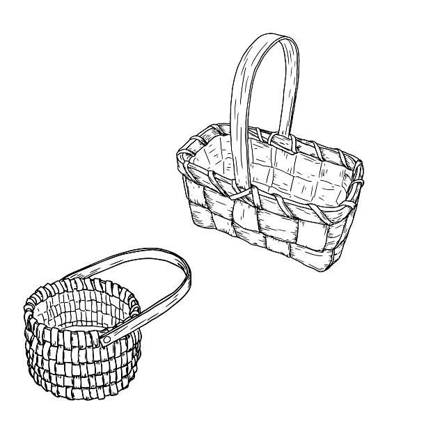 A wicker basket made of vines with a handle, a set of black and white silhouettes. Vector illustration. Sketches a basket for picking mushrooms and autumn harvest is isolated on a white background.