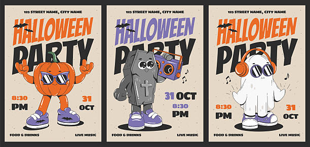 Happy Halloween Party Poster Set. Flyers With Retro Cartoon Characters.  Typography Print Template.