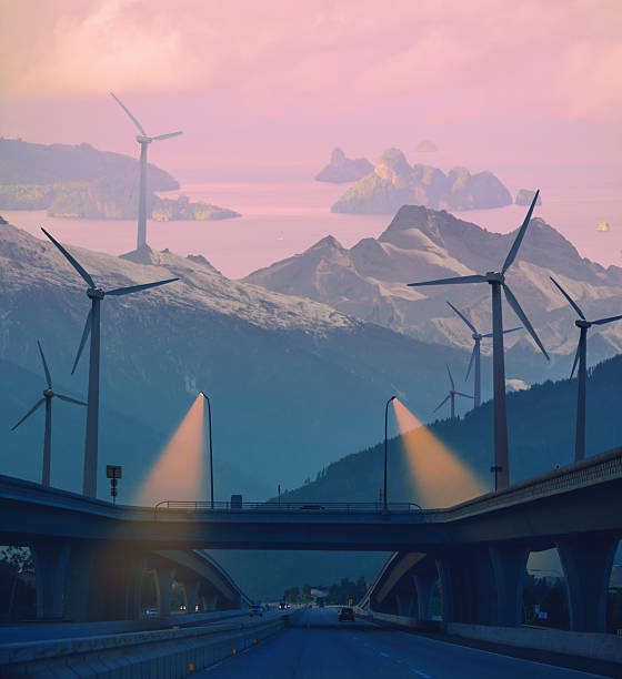 Beautiful surreal magic landscape with overpass and windmills