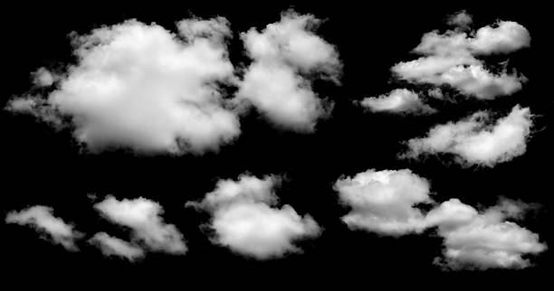 istock Set white clounds, The cloud is divided into several parts on black background, Multiple unique cloud segments, Small and large white clouds. 2227867863