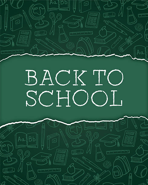 Back to school on a blackboard background with dry chalk traces. Background with school supplies icons. Stock illustration