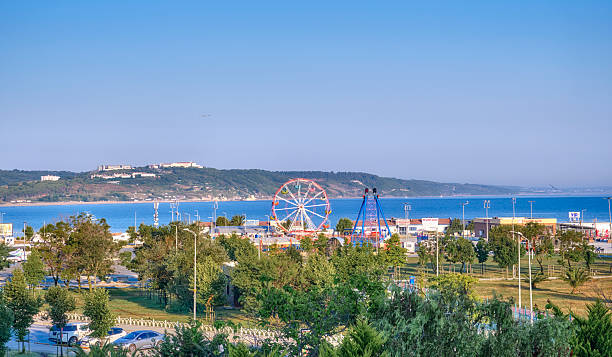 Sile, Turkey, July 9, 2025, Black Sea embankment and an entertainment park with beaches and restaurants