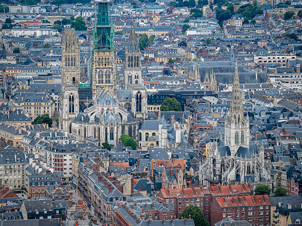 Aerial cityscape view of the City of Rouen, France during summer