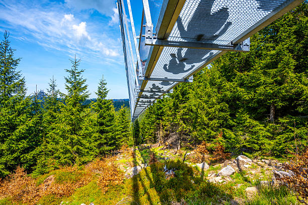 A view from below the Sky Bridge 721 in Dolni Morava, Czechia. Silhouettes of people can be seen walking on the bridge, which is the longest suspension footbridge in the world.