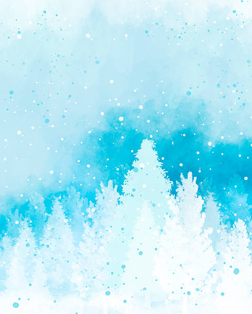 Watercolor Evergreen Forest in Winter - Snowing