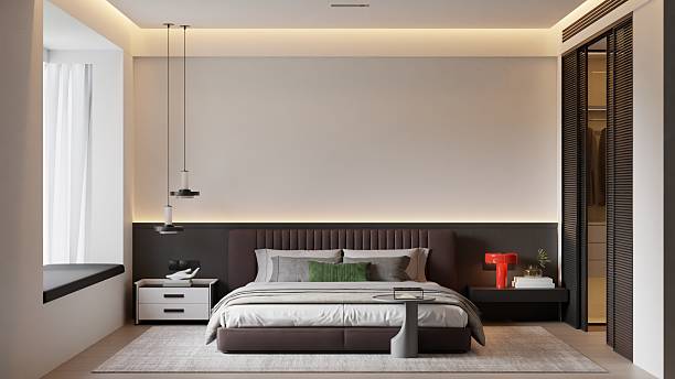 istock Scandinavian Minimalist Bedroom - Luxury Blank Double Frame Wall Mockup 2227875311
