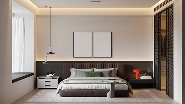 istock Scandinavian Minimalist Bedroom - Luxury Blank Double Frame Wall Mockup 2227875312
