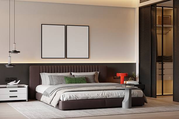 istock Scandinavian Minimalist Bedroom - Luxury Blank Double Frame Wall Mockup 2227875314