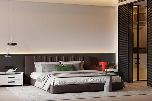 istock Scandinavian Minimalist Bedroom - Luxury Blank Double Frame Wall Mockup 2227875339