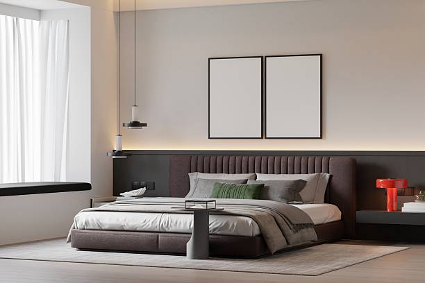 istock Scandinavian Minimalist Bedroom - Luxury Blank Double Frame Wall Mockup 2227875343