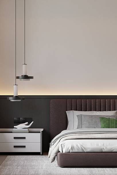 istock Scandinavian Minimalist Bedroom - Luxury Blank Double Frame Wall Mockup 2227875353