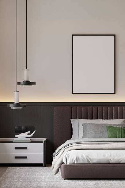 istock Scandinavian Minimalist Bedroom - Luxury Blank Double Frame Wall Mockup 2227875358