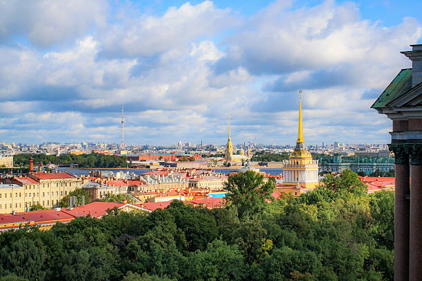 St. Petersburg, Russia,, taken in 2019. Picture taken from atop the dome of St Isaac's Cathedral. Part if the skyline here are the Admiralty and the Peter and Paul Fortress. We also see some of St Petersburg historic architecture, but also some of her more modern city in the background.